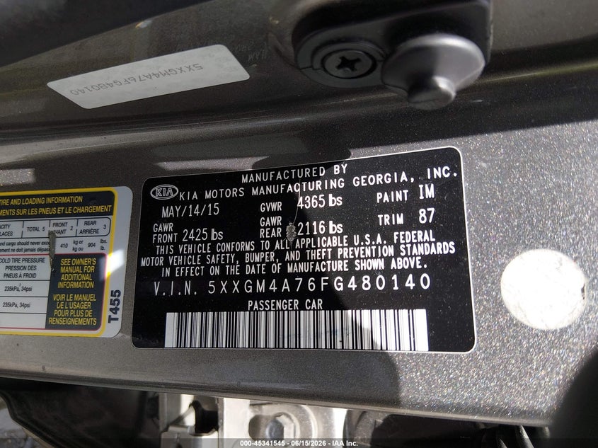 2015 Kia Optima VIN 5XXGM4A76FG480140 IAAI salvage auction — REAR END, Salvage - Greater Than 75% (Maryland), sold $700 on 2026-07-13 (photo 9)