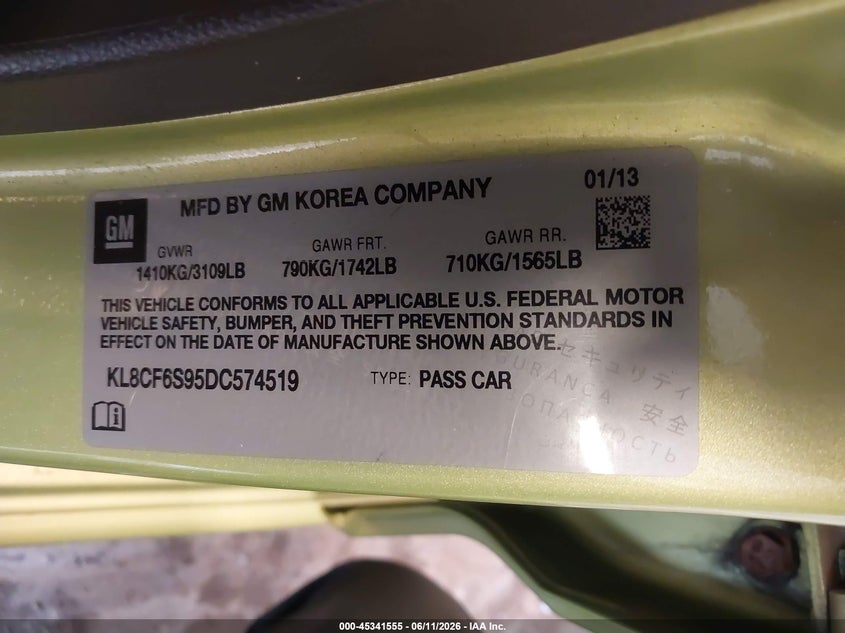2013 Chevrolet Spark VIN KL8CF6S95DC574519 IAAI salvage auction — FRONT END, Clear (Michigan), sold $300 on 2026-07-14 (photo 9)