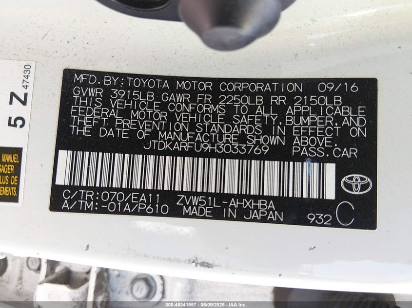 2017 Toyota Prius VIN JTDKARFU9H3033769 IAAI salvage auction — LEFT SIDE, Salvage (California), sold $4,625 on 2026-08-01 (photo 9)