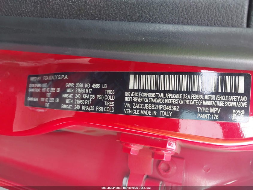 2017 Jeep Renegade VIN ZACCJBBB2HPG46392 IAAI salvage auction — FRONT & REAR, Salvage (Tennessee), sold $1,700 on 2026-07-29 (photo 9)