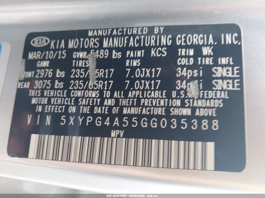 2016 Kia Sorento VIN 5XYPG4A55GG035388 IAAI salvage auction — NORMAL WEAR, Clear (Tennessee), sold $1,450 on 2026-07-16 (photo 9)