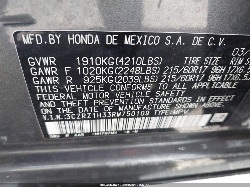 2024 Honda Hr-v VIN 3CZRZ1H33RM750109 IAAI salvage auction — REAR END, Salvage (California), sold $7,100 on 2026-07-31 (photo 9)