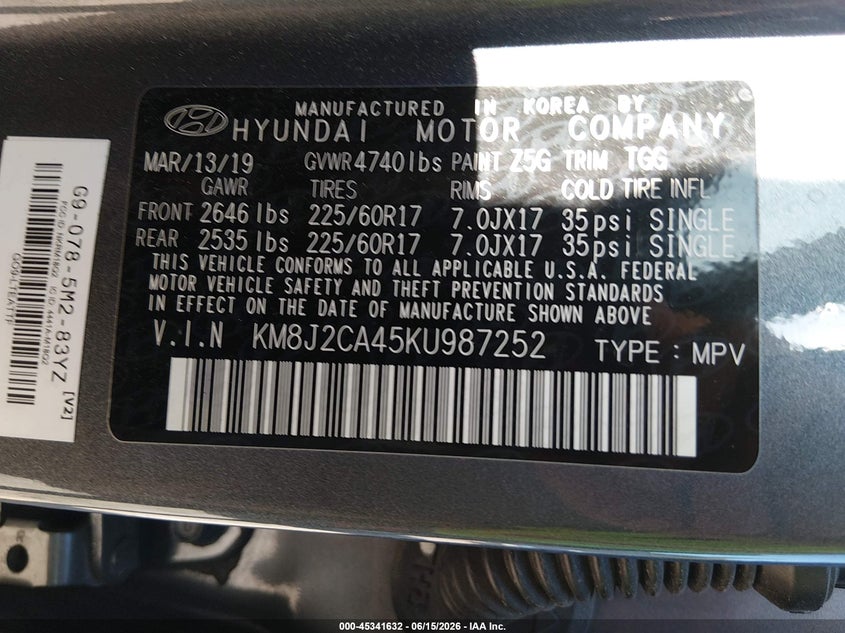 2019 Hyundai Tucson VIN KM8J2CA45KU987252 IAAI salvage auction — HAIL, Clear (Wisconsin), sold $5,500 on 2026-07-08 (photo 9)