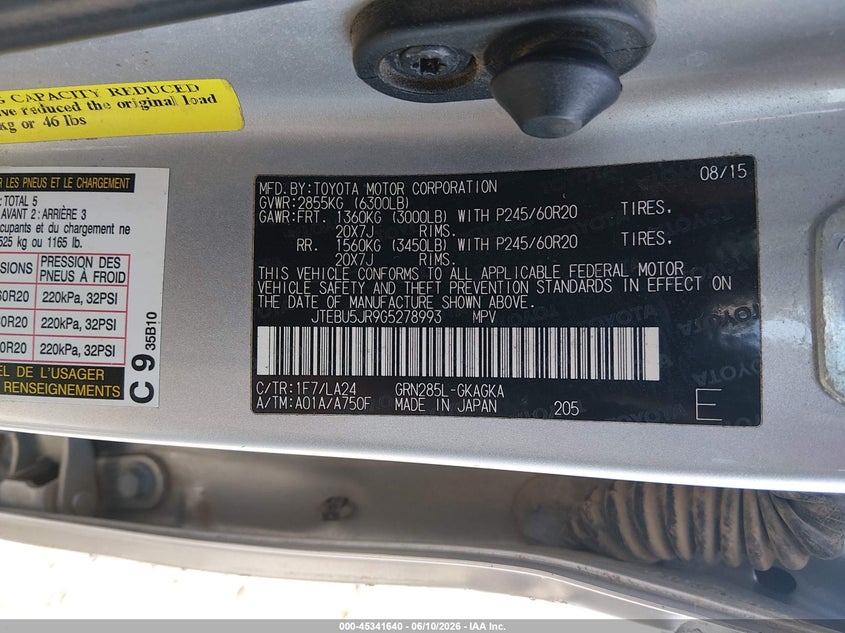 2016 Toyota 4runner VIN JTEBU5JR9G5278993 IAAI salvage auction — LEFT & RIGHT, Clear (Arkansas), sold $10,500 on 2026-07-15 (photo 9)