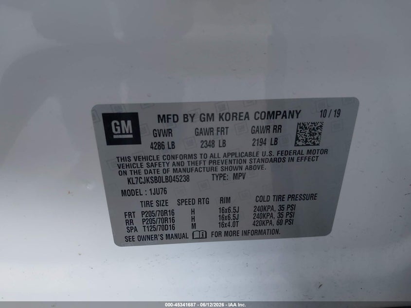 2020 Chevrolet Trax VIN KL7CJKSB0LB045238 IAAI salvage auction — RIGHT FRONT, Salvage (California), sold $1,325 on 2026-07-14 (photo 9)