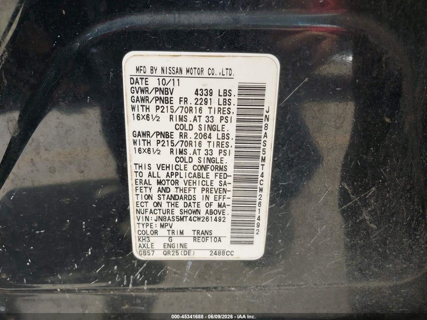 2012 Nissan Rogue VIN JN8AS5MT4CW261492 IAAI salvage auction — LEFT REAR, Salvage (Texas), sold $325 on 2026-07-09 (photo 9)