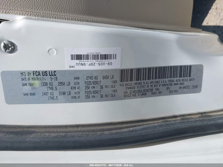 2018 Dodge Grand caravan VIN 2C4RDGBG4JR296789 IAAI salvage auction — NORMAL WEAR, Sf97 (California), sold $9,100 on 2026-07-28 (photo 9)