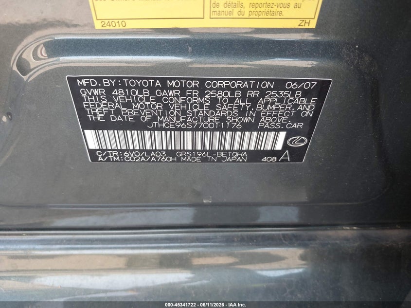 2007 Lexus Gs 350 VIN JTHCE96S770011176 IAAI salvage auction — FRONT END, Clear (Virginia), sold $550 on 2026-07-14 (photo 9)