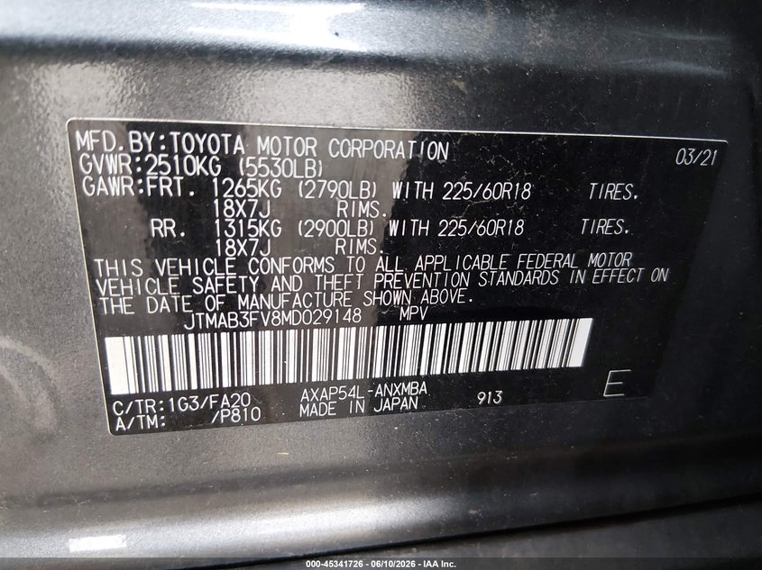 2021 Toyota Rav 4 VIN JTMAB3FV8MD029148 IAAI salvage auction — SIDE, Salvage (New Jersey), sold $14,600 on 2026-08-02 (photo 9)