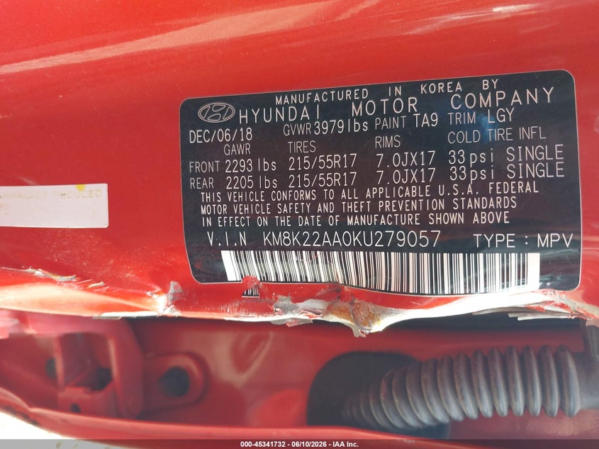 2019 Hyundai Kona VIN KM8K22AA0KU279057 IAAI salvage auction — LEFT SIDE, Salvage (Alabama), sold $1,550 on 2026-07-28 (photo 9)