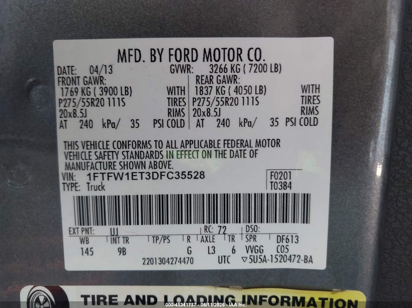 2013 Ford F-150 VIN 1FTFW1ET3DFC35528 IAAI salvage auction — FRONT END, Salvage (California), sold $5,000 on 2026-07-09 (photo 9)