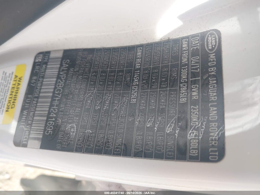 2017 Land rover Range rover evoque VIN SALVP2BG7HH241695 IAAI salvage auction — FRONT END, Salvage Title, sold $600 on 2026-07-24 (photo 9)