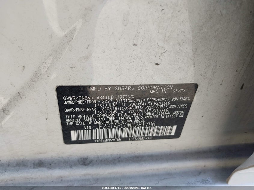 2022 Subaru Xv VIN JF2GTAPC0NH281786 IAAI salvage auction — FRONT END, Salvage (California), sold $975 on 2026-07-29 (photo 9)