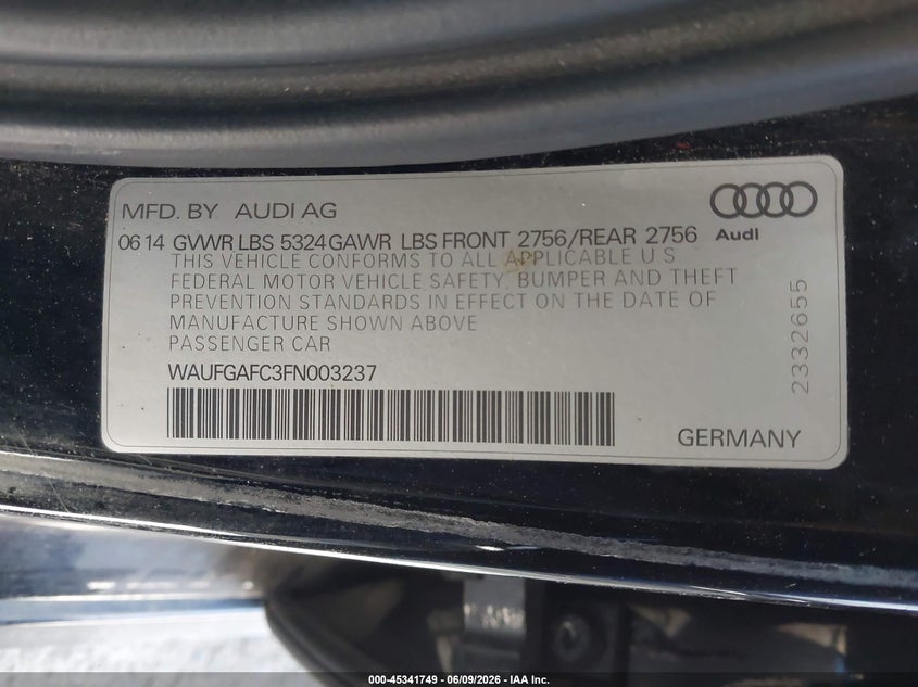 2015 Audi A6 VIN WAUFGAFC3FN003237 IAAI salvage auction — LEFT SIDE, Salvage (Minnesota), sold $1,600 on 2026-08-22 (photo 9)
