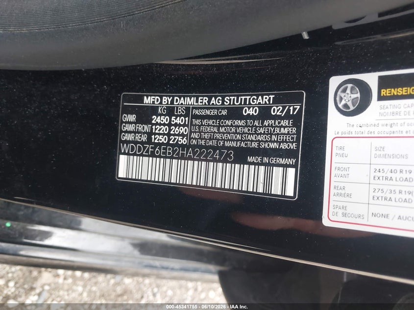 2017 Mercedes-benz VIN WDDZF6EB2HA222473 IAAI salvage auction — REAR END, Clear (Wisconsin), sold $7,050 on 2026-07-07 (photo 9)
