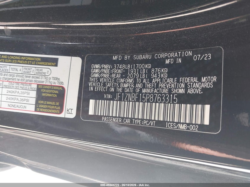 2023 Toyota Gr 86 VIN JF1ZNBF15P8763315 IAAI salvage auction — WATER/FLOOD, Salvage (Texas), sold $9,000 on 2026-07-31 (photo 9)