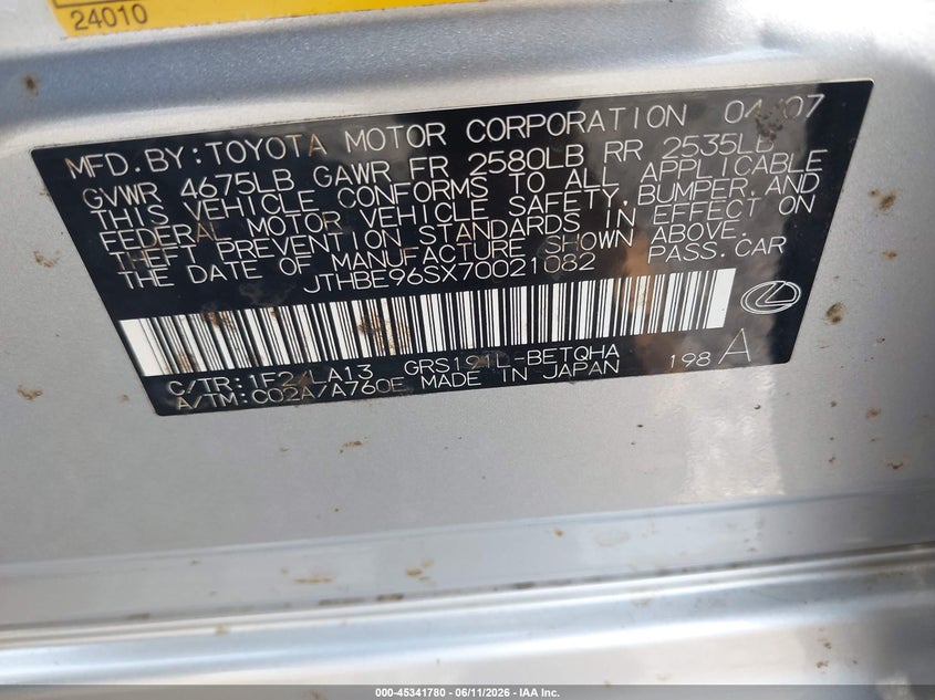 2007 Lexus Gs 350 VIN JTHBE96SX70021082 IAAI salvage auction — FRONT END, Salvage (South Carolina), sold $425 on 2026-07-14 (photo 9)
