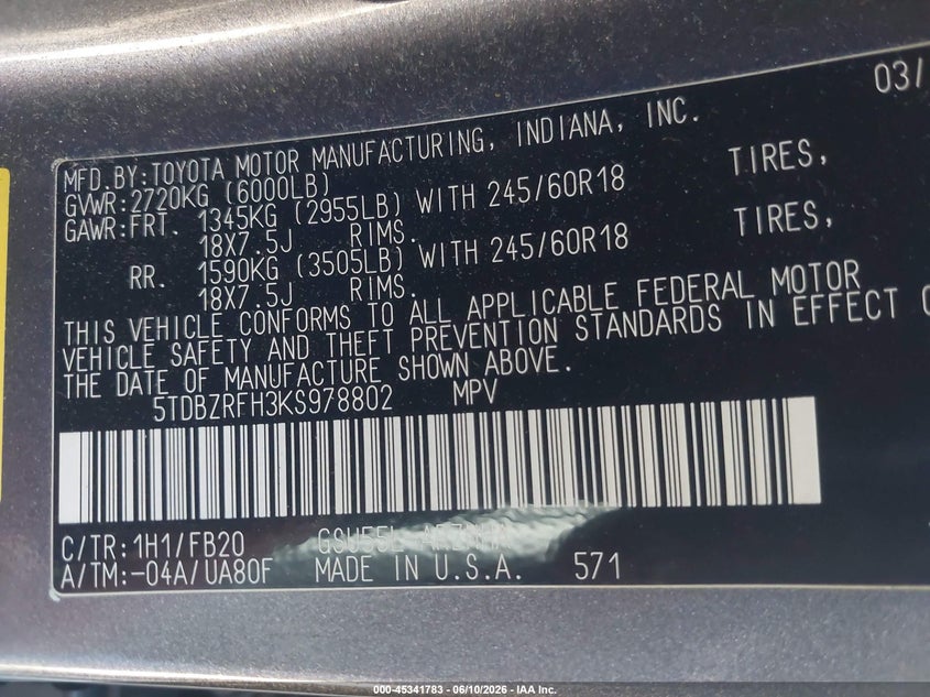 2019 Toyota Highlander VIN 5TDBZRFH3KS978802 IAAI salvage auction — RIGHT SIDE, Salvage (California), sold $6,450 on 2026-07-15 (photo 9)