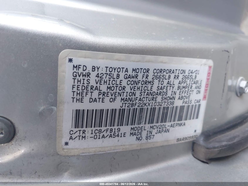 2001 Toyota Camry VIN JT2BF22KX10327338 IAAI salvage auction — ROLLOVER, Non-Repairable (California), sold $100 on 2026-07-07 (photo 9)