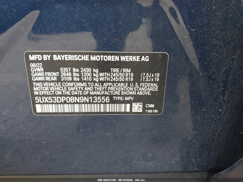 2022 BMW X3 VIN 5UX53DP08N9N13556 IAAI salvage auction — RIGHT SIDE, Salvage (Massachusetts), sold $15,875 on 2026-07-10 (photo 9)