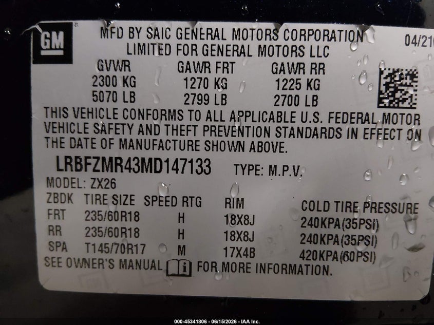 2021 Buick Envision VIN LRBFZMR43MD147133 IAAI salvage auction — HAIL, Salvage (Iowa), sold $11,750 on 2026-07-28 (photo 9)