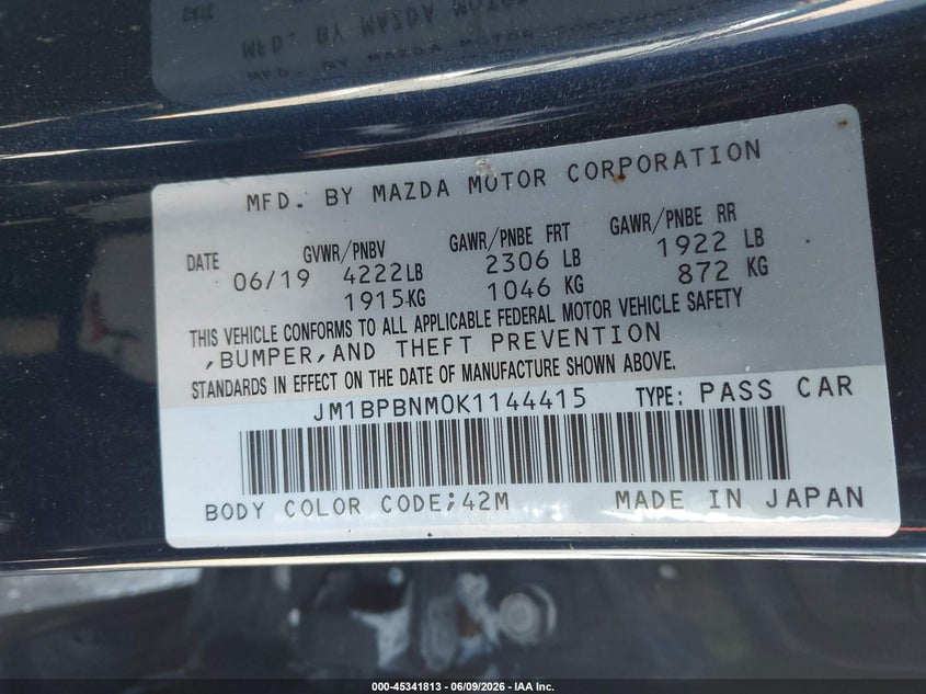 2019 Mazda 3 VIN JM1BPBNM0K1144415 IAAI salvage auction — RIGHT FRONT, Salvage (California), sold $1,300 on 2026-07-20 (photo 9)