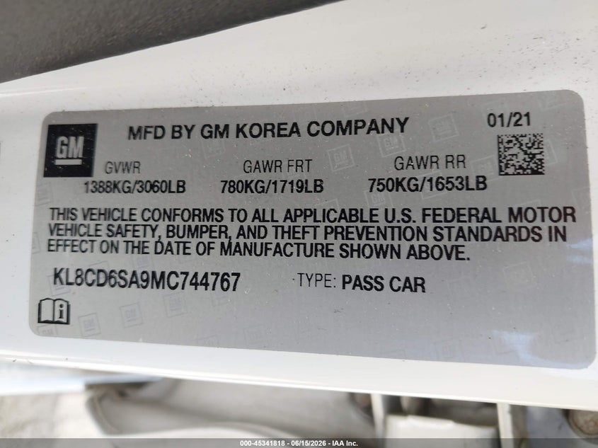 2021 Chevrolet Spark VIN KL8CD6SA9MC744767 IAAI salvage auction — SIDE, Salvage (Rhode Island), sold $1,200 on 2026-07-28 (photo 9)