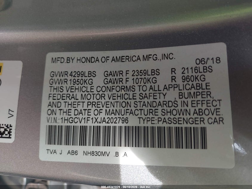 2018 Honda Accord VIN 1HGCV1F1XJA202796 IAAI salvage auction — FRONT END, Salvage (North Carolina), sold $1,750 on 2026-07-23 (photo 9)