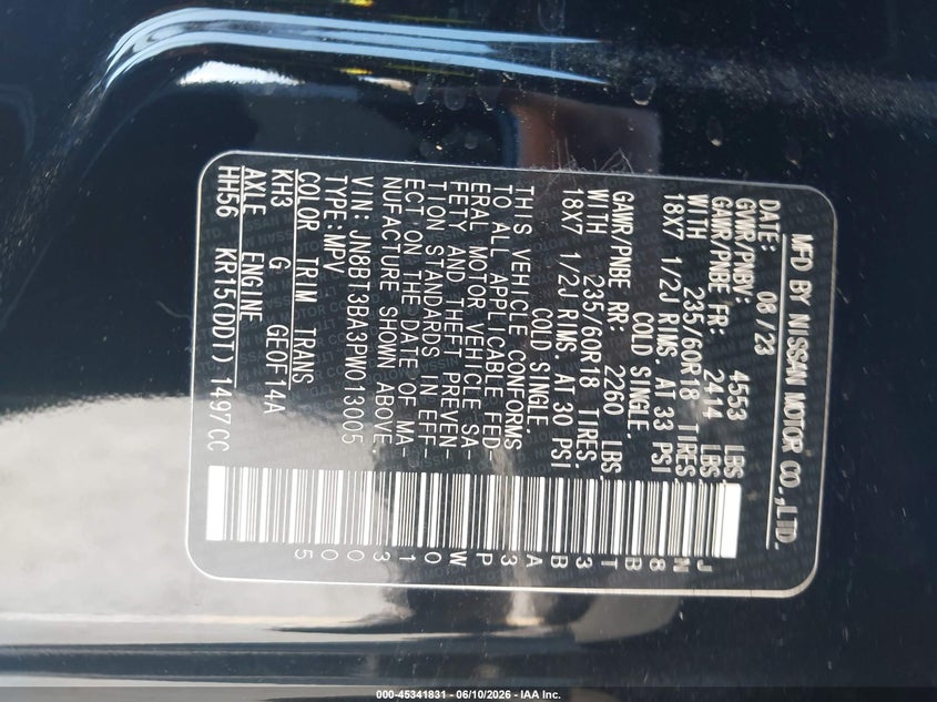 2023 Nissan Rogue VIN JN8BT3BA3PW013005 IAAI salvage auction — REAR END, Salvage Title, sold $4,800 on 2026-07-13 (photo 9)