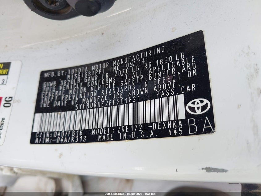 2015 Toyota Corolla VIN 5YFBURHE2FP201821 IAAI salvage auction — LEFT SIDE, Salvage (New Mexico), sold $1,725 on 2026-07-29 (photo 9)