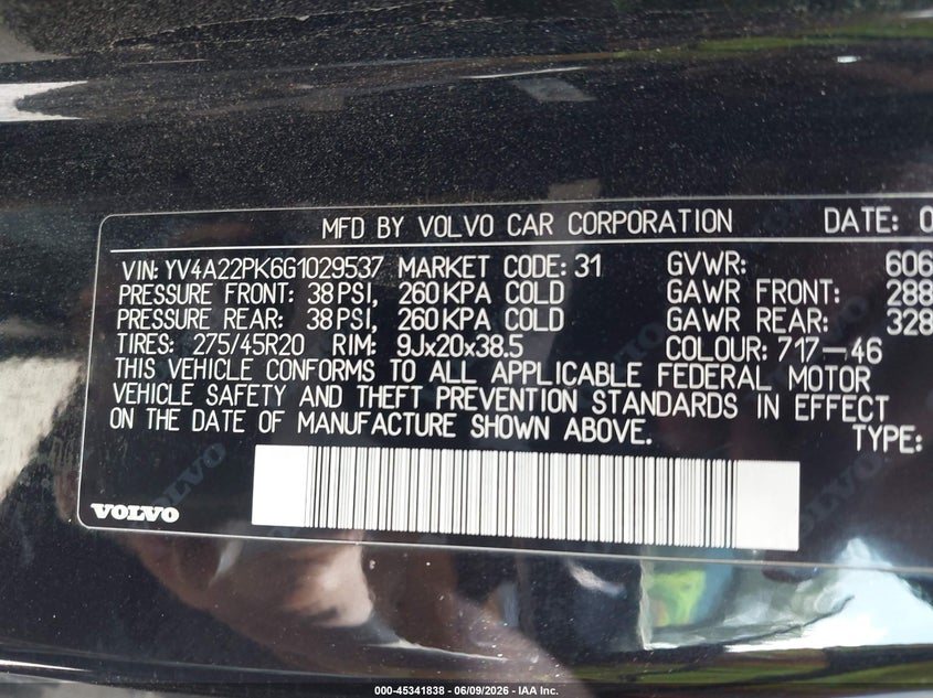 2016 Volvo Xc90 VIN YV4A22PK6G1029537 IAAI salvage auction — FRONT END, Clear (Illinois), sold $1,800 on 2026-07-14 (photo 9)