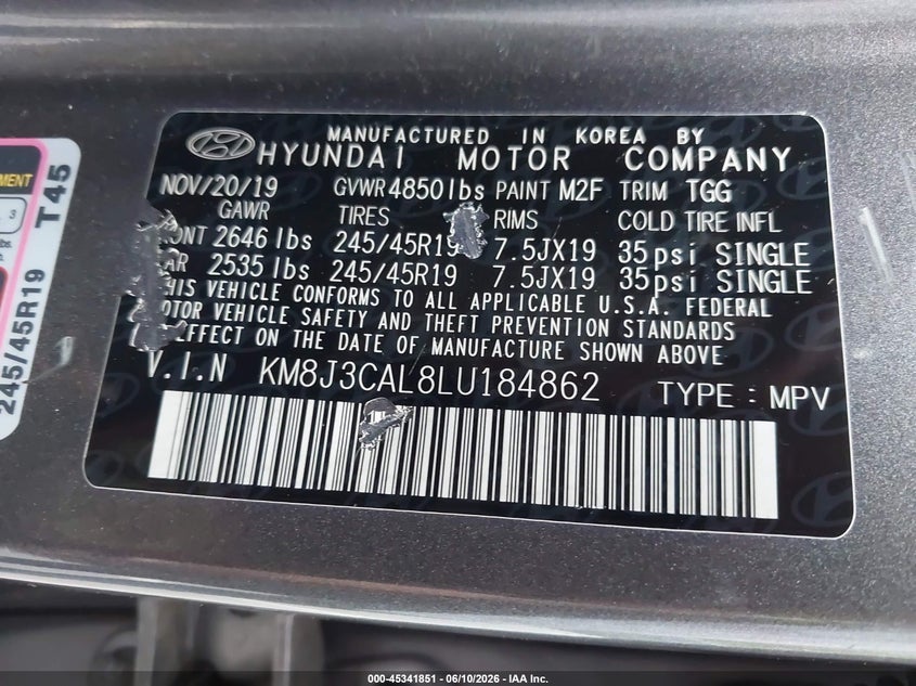 2020 Hyundai Tucson VIN KM8J3CAL8LU184862 IAAI salvage auction — LEFT FRONT, Mv-907A (New York), sold $4,250 on 2026-07-09 (photo 9)