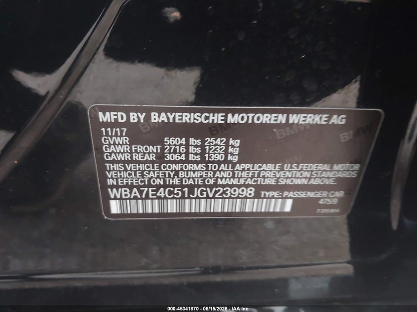 2018 BMW 7er VIN WBA7E4C51JGV23998 IAAI salvage auction — RIGHT SIDE, Original (Texas), sold $9,500 on 2026-07-21 (photo 9)