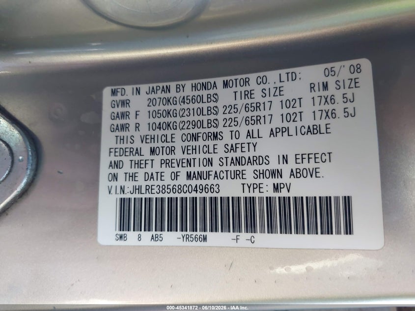 2008 Honda Cr-v VIN JHLRE38568C049663 IAAI salvage auction — LEFT FRONT, Salvage (Arizona), sold $475 on 2026-07-21 (photo 9)