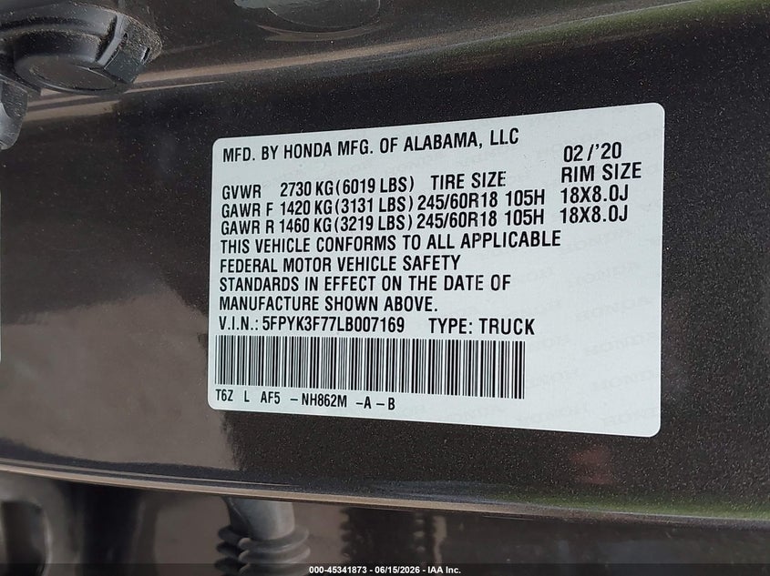2020 Honda Ridgeline VIN 5FPYK3F77LB007169 IAAI salvage auction — RIGHT SIDE, Original (Texas), sold $9,050 on 2026-07-21 (photo 9)
