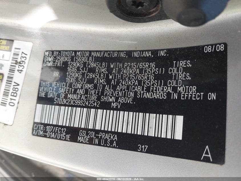2009 Toyota Sienna VIN 5TDZK23C99S242542 IAAI salvage auction — NORMAL WEAR, Clear (Montana), sold $900 on 2026-07-15 (photo 9)