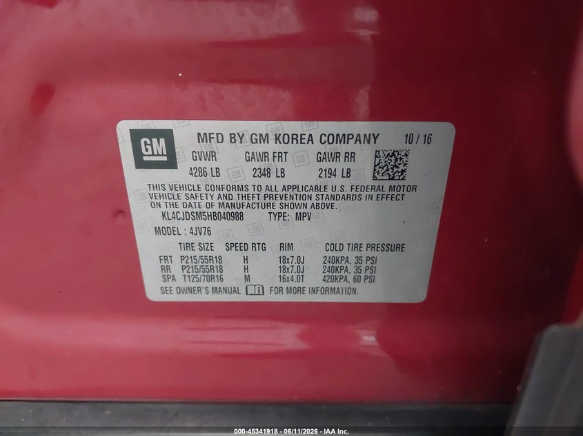 2017 Buick Encore VIN KL4CJDSM5HB040988 IAAI salvage auction — LEFT REAR, Rebuildable (Florida), sold $1,775 on 2026-07-15 (photo 9)