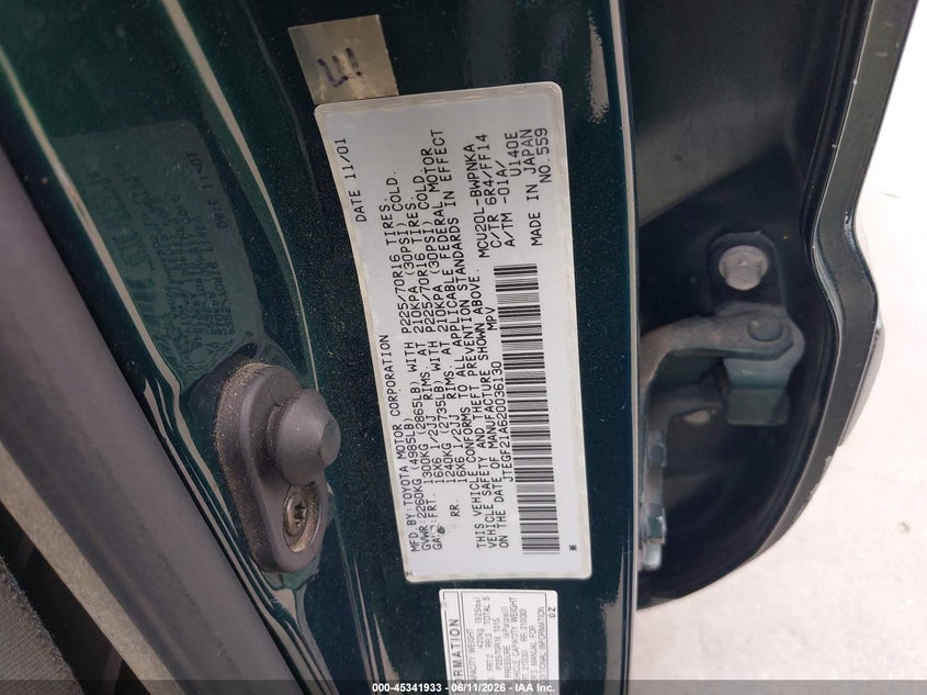 2002 Toyota Highlander VIN JTEGF21A620036130 IAAI salvage auction — RIGHT FRONT, Salvage (Texas), sold $350 on 2026-07-29 (photo 9)