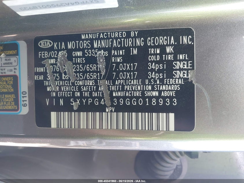 2016 Kia Sorento VIN 5XYPG4A39GG018933 IAAI salvage auction — SIDE, Salvage Title, sold $1,250 on 2026-07-18 (photo 9)