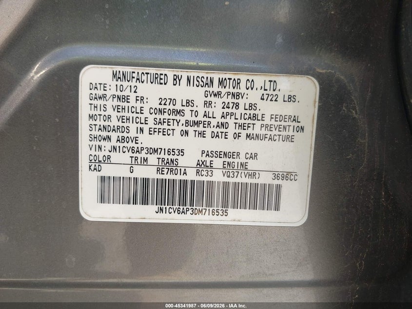 2013 Infiniti G VIN JN1CV6AP3DM716535 IAAI salvage auction — FRONT END, Original (Texas), sold $500 on 2026-07-22 (photo 9)