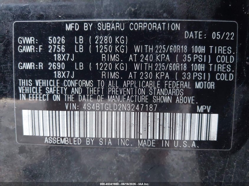 2022 Subaru Outback VIN 4S4BTGLD2N3247187 IAAI salvage auction — SIDE, Salvage Title, sold $7,200 on 2026-07-25 (photo 9)