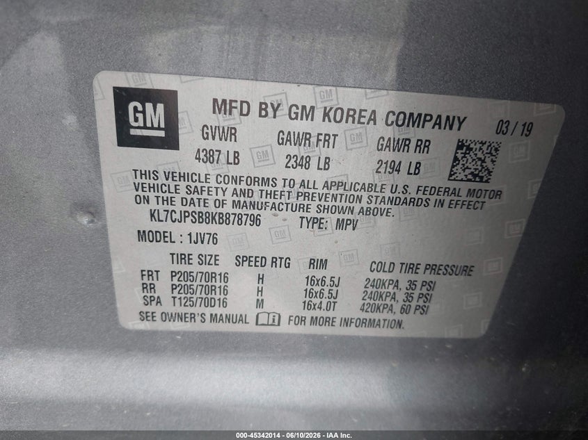 2019 Chevrolet Trax VIN KL7CJPSB8KB878796 IAAI salvage auction — FRONT END, Mv-907A (New York), sold $1,200 on 2026-07-09 (photo 9)