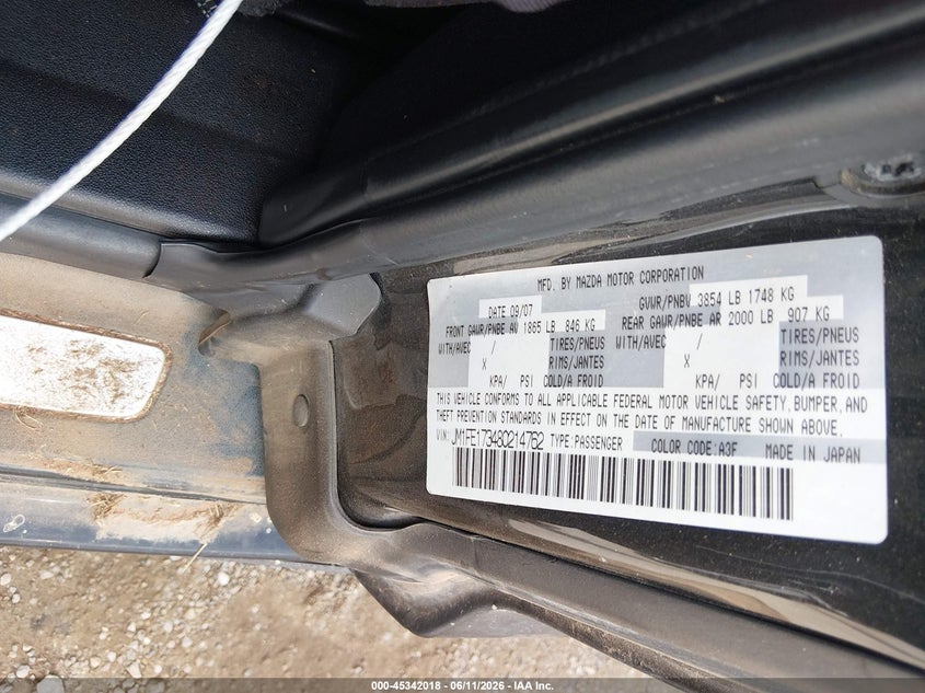 2008 Mazda Rx-8 VIN JM1FE173480214762 IAAI salvage auction — NORMAL WEAR, Original (Texas), sold $275 on 2026-07-14 (photo 9)
