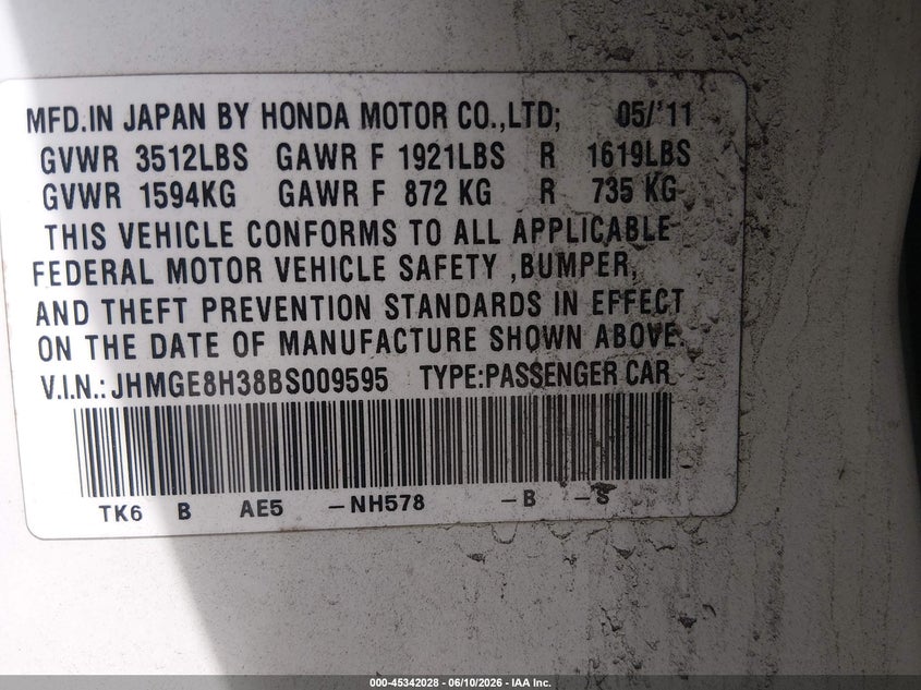 2011 Honda Fit VIN JHMGE8H38BS009595 IAAI salvage auction — FRONT END, Salvage (Rhode Island), sold $750 on 2026-07-07 (photo 9)