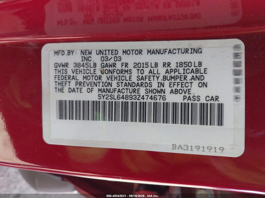 2003 Pontiac Vibe VIN 5Y2SL64893Z474676 IAAI salvage auction — NORMAL WEAR, Clear (Washington), sold $275 on 2026-07-14 (photo 9)