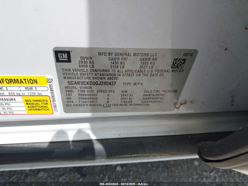 2016 Buick Enclave VIN 5GAKVCKD9GJ280437 IAAI salvage auction — REAR END, Salvage Title, sold $1,350 on 2026-08-20 (photo 9)