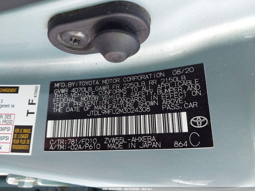 2021 Toyota Prius VIN JTDL9MFU2M3024308 IAAI salvage auction — FRONT & REAR, Salvage (Nebraska), sold $2,650 on 2026-07-30 (photo 9)