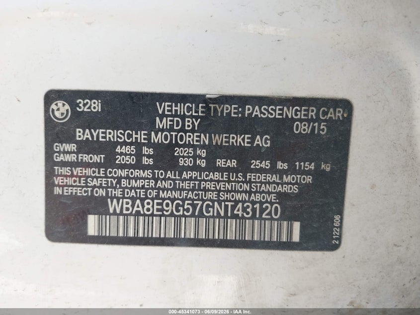 2016 BMW 3er VIN WBA8E9G57GNT43120 IAAI salvage auction — NORMAL WEAR, Salvage Title, sold $825 on 2026-07-09 (photo 9)