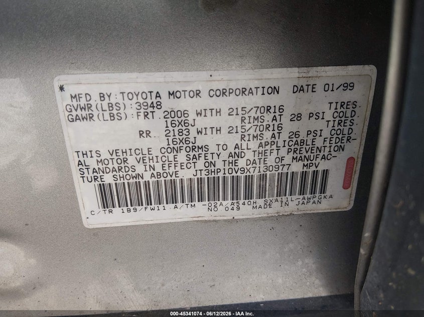1999 Toyota Rav 4 VIN JT3HP10V9X7130977 IAAI salvage auction — SIDE, Bill Of Sale (Washington), sold $25 on 2026-07-29 (photo 9)