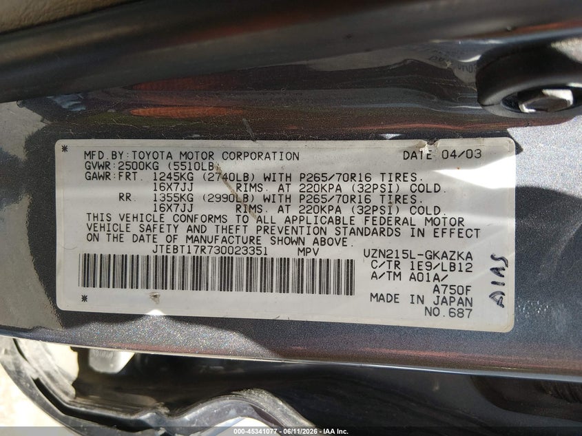 2003 Toyota 4runner VIN JTEBT17R730023351 IAAI salvage auction — ROLLOVER, Salvage (Vermont), sold $2,300 on 2026-08-01 (photo 9)